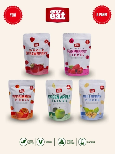 Evereat Freeze Dry Meyve Cipsi 5'li Set Çilek Frambuaz Hurma Elma Dut Kurutulmuş Meyve ürün görseli 1