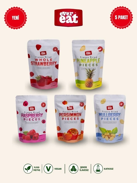Evereat Freeze Dry Meyve Cipsi 5'li Set Çilek Ananas Frambuaz Hurma Dut Kurutulmuş Meyve ürün görseli 1