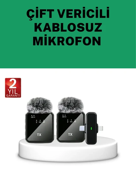 Canlı Yayın ve Video Çekimleri İçin Çiftli Kablosuz Yaka Mikrofon ürün görseli 1