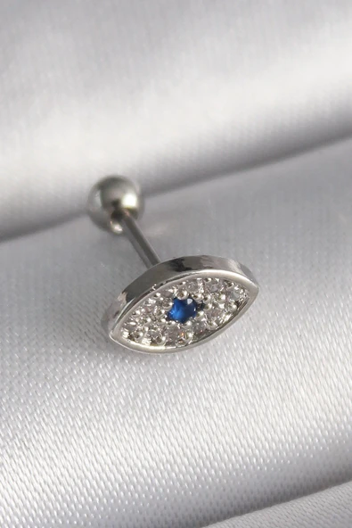 316L Çelik Gümüş Renk Zirkon Taşlı Göz Tragus Piercing ürün görseli 1