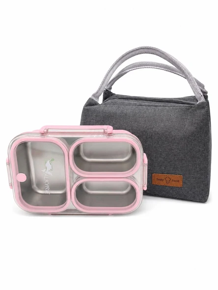 Valkyrie 304 Paslanmaz Çelik 3 Bölmeli Pembe Lunch Box Termal Çantalı – Sızdırmaz Kapaklı Beslenme Kabı, ürün görseli 1
