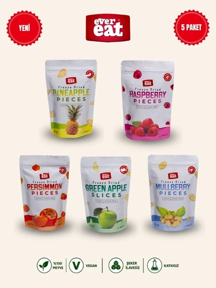 Evereat 5'li Çıtır Meyve Cipsi Seti Freeze Dry Ananas Frambuaz Hurma Elma Dut Atıştırmalık ürün görseli 1
