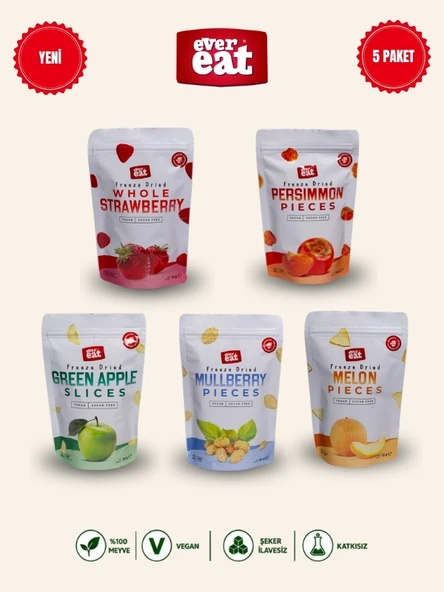 Evereat 5'li Çıtır Meyve Cipsi Seti Freeze Dry Çilek Hurma Elma Dut Kavun Atıştırmalık ürün görseli 1