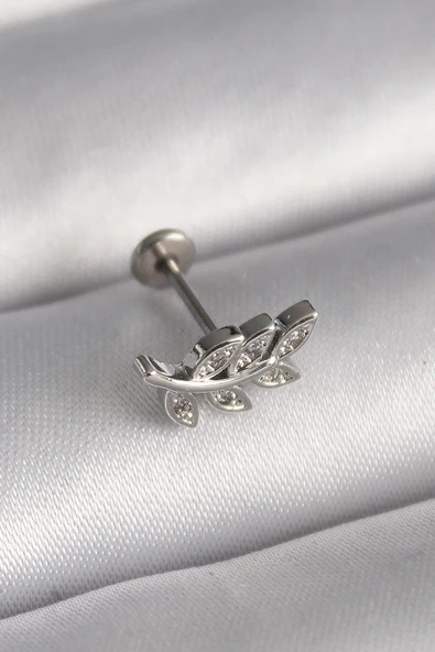 316L Çelik Gümüş Renk Dal Model Zirkon Taş Detaylı Tragus Piercing ürün görseli 1