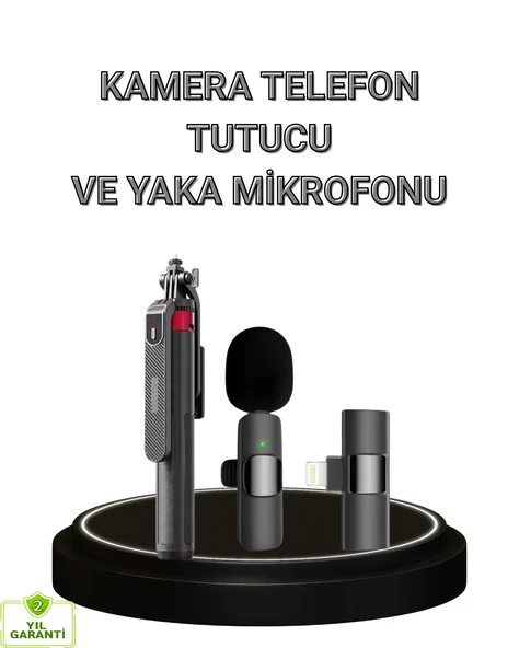 Vlog ve Canlı Yayın İçin Çift Yaka Mikrofonu ve Tripodlu Selfie Çubuğu Seti ürün görseli 1