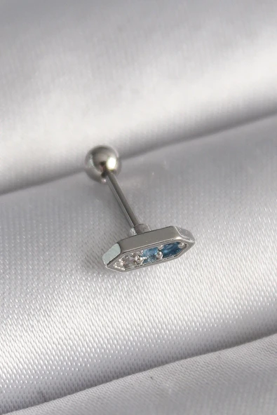 316L Çelik Gümüş Renk Mavi Zirkon Taşlı Tragus Piercing ürün görseli 1