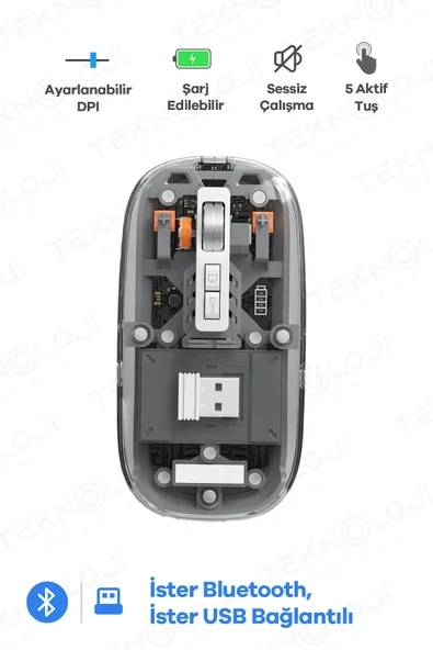 Bluetooth USB Çift Modlu Sessiz Mouse, Şeffaf Mıknatıslı Kapaklı, Type-C Şarjlı, DPI Ayarlı, Kablosuz 10m Çekim Mesafeli, Masaüstü Kısayol Tuşlu, Taşınabilir Şarjlı Mouse Siyah ürün görseli 1