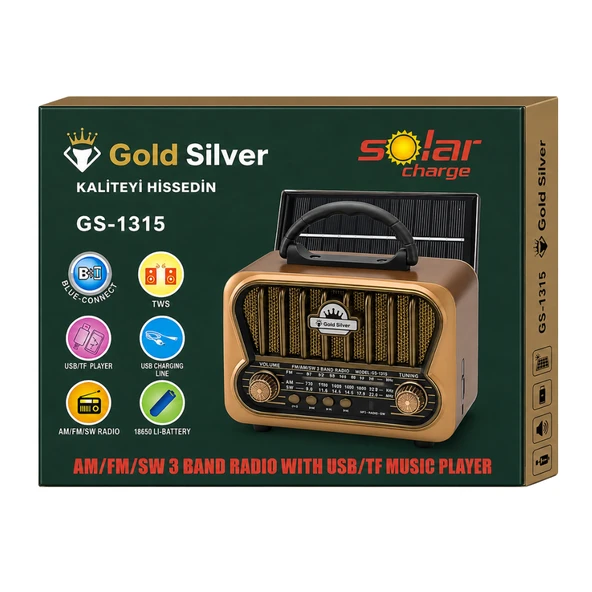 Gold Silver GS-1315 Nostaljik Retro Radyo - Güneş Enerjili, Bluetooth/USB/TF Kart Destekli 3 Band Hoparlör ürün görseli 1