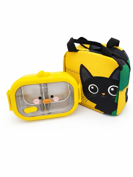 Valkyrie 304 Paslanmaz Çelik Çocuk Beslenme Kabı Kedili Termal Çantalı 2 Bölmeli Lunch Box Yemek Kabı ürün görseli 1