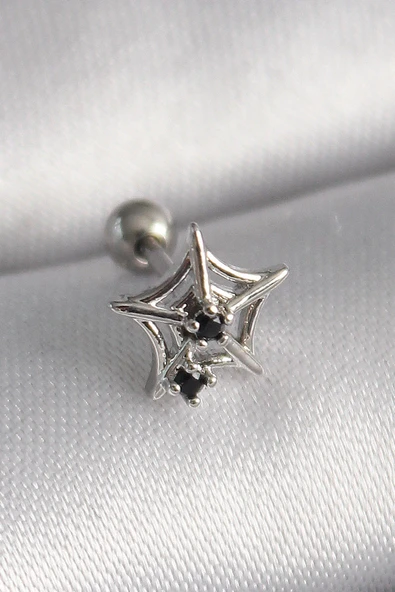 316L Çelik Gümüş Renk Siyah Zirkon Taş Detay Örümcek Ağ Model Tragus Piercing ürün görseli 1