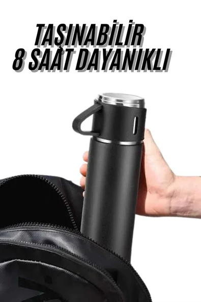 Termos Seti 3'lü Bardak Seti Isı Dayanıklı Siyah Paslanmaz Çelik Vakumlu ürün görseli 1
