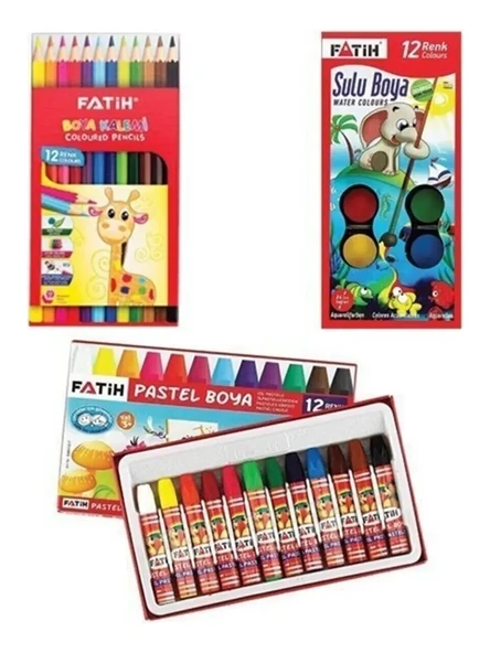 Boyama Seti Üçlü 12 li Kuru Boya,Sulu Boya.Pastel Boya ürün görseli 1