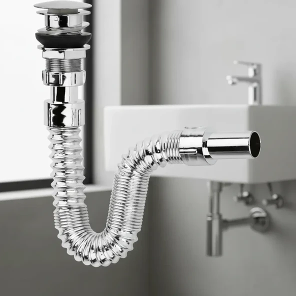 Krom Basmalı Sifon -Körüklü Sifon Bas Stoplu Lavabo Mutfak Sifonu ürün görseli 1
