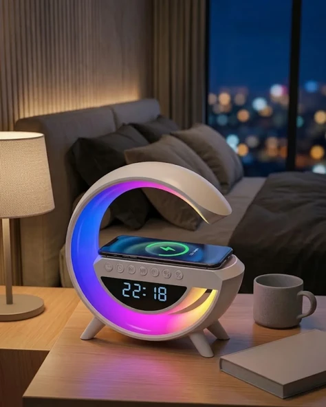 Kablosuz Şarjlı LED Işıklı Masa Saati Bluetooth Hoparlör Alarm Fonksiyonlu ürün görseli 1