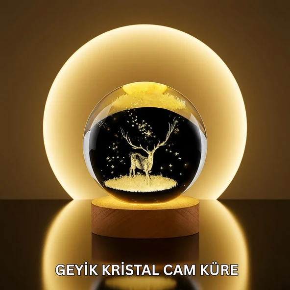 Doğal Ahşap Standlı Geyik Figürlü Kristal Küre LED Dekoratif Lamba ürün görseli 1