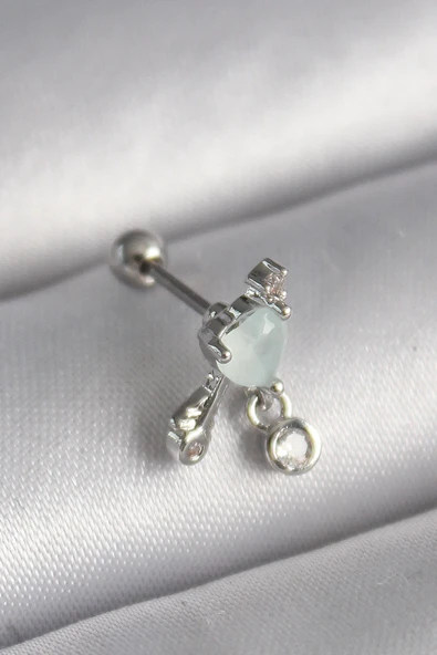 316L Çelik Gümüş Renk Beyaz Minelik Kalp Sallantı Zirkon Taş Detay Tragus Piercing ürün görseli 1