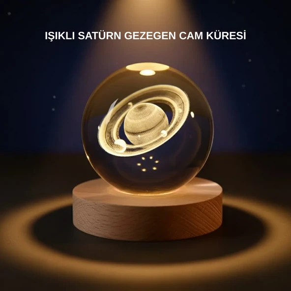 Satürn Desenli Kristal Küre LED Gece Lambası Ahşap Standlı ürün görseli 1