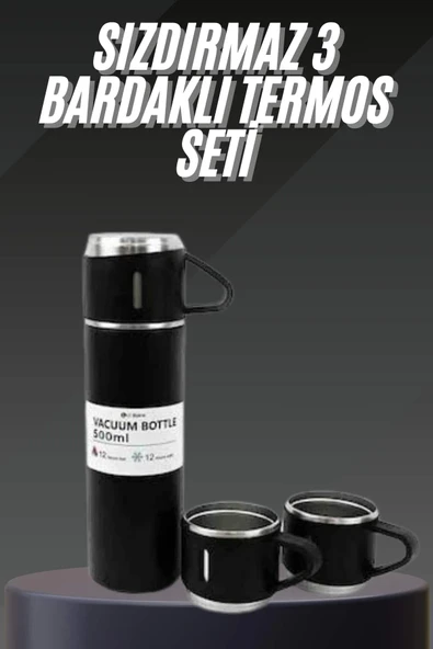 Termos Seti Paslanmaz Çelik 3 Bardaklı Vakumlu Termos Set 500 Ml 12 Saate Kadar Isı Koruma ürün görseli 1