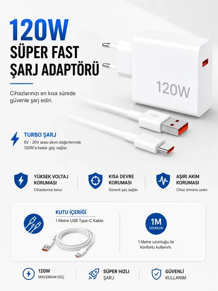 Turbo 120W Hızlı Şarj Cihazı Type-C Kablolu ürün görseli 1