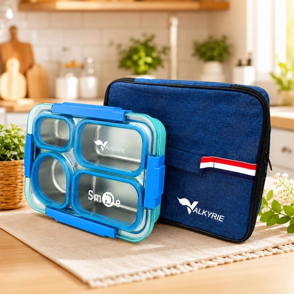 Valkyrie 304 Paslanmaz Çelik 4 Bölmeli Mavi Lunch Box Termal Çantalı – Sızdırmaz Beslenme Kabı, Çatal Kaşık Dahil ürün görseli 1