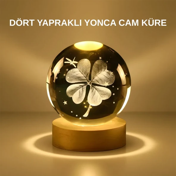 Dekoratif Yonca Görünümlü Işıklı Kristal Cam Küre USB Masa Gece Lambası ürün görseli 1