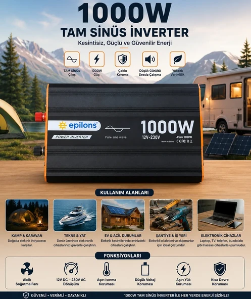 1000W Tam Sinüs İnverter 12V AC Çevirici | Sessiz Fanlı, USB Çıkışlı, Araç Karavan Tekne Solar Uyumlu Güç İnverteri ürün görseli 1