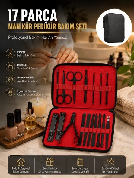 Paslanmaz Çelik 17 Parça Manikür Pedikür Seti ve Taşınabilir Şık Çanta ürün görseli 1