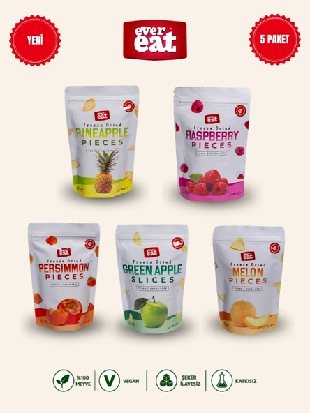 Evereat 5'li Freeze Dry Meyve Cipsi Seti - Ananas, Frambuaz, Hurma, Elma, Kavun Çıtır Meyve Paketi ürün görseli 1