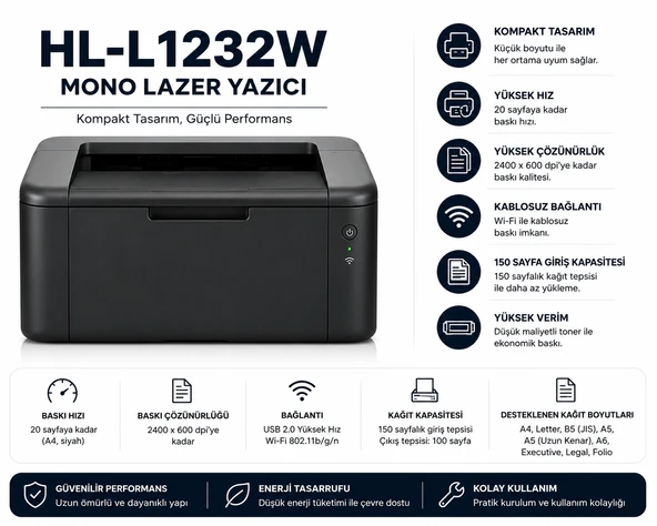 Brother HL-L1232W Mono Lazer Yazıcı ürün görseli 1