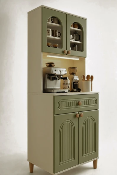 Barista LED Aydınlatmalı Kahve Köşesi Dolabı Retro Büfe 195cm MDF Koyu Yeşil ürün görseli 1