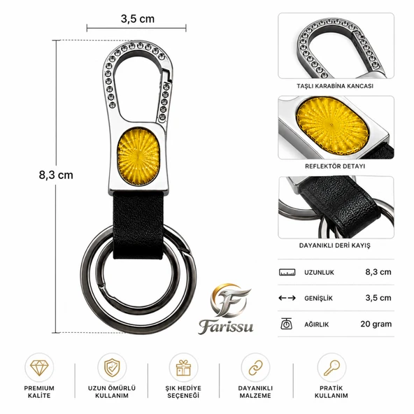 Premium Taşlı Karabina Kancalı Deri Anahtarlık - Sarı Reflektörlü & Çift Halkalı ürün görseli 1
