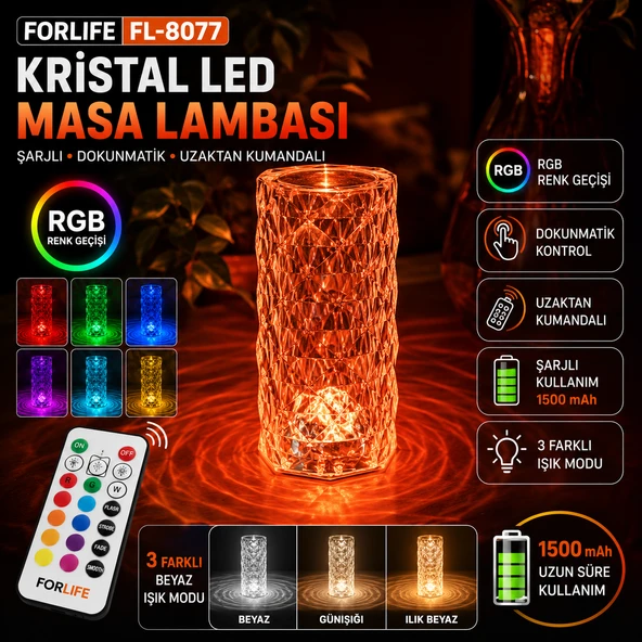 Forlife Fl-8077 Bozçay Mix Şarjlı Renkli Dokunmatik Uzaktan Kumandalı Led Masa Lambası ürün görseli 1