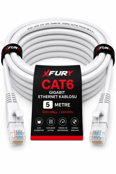 FURY CAT6 Ethernet Kablosu 5 Metre RJ45 LAN İnternet Modem Router Bilgisayar Kablosu ürün görseli 1