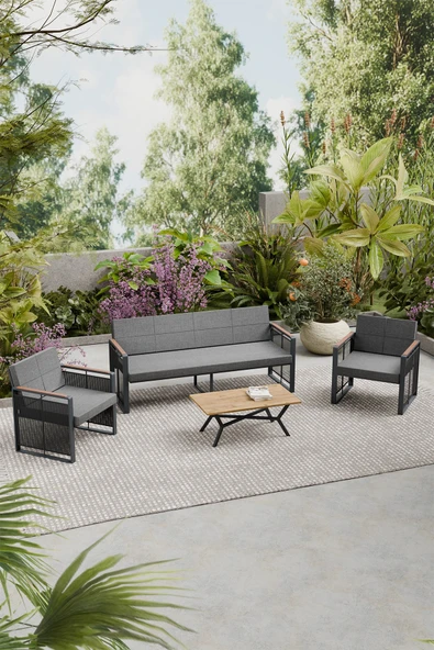 Maris Bahçe Balkon Oturma Takımı | Metal Karkas, 3+1+1 Koltuk, Teak Masa ürün görseli 1