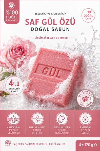 Saf Gül Özlü Gül Sabunu 4’lü Paket 4 x 120 g | Doğal Kaynaklı El, Yüz ve Vücut Sabunu ürün görseli 1