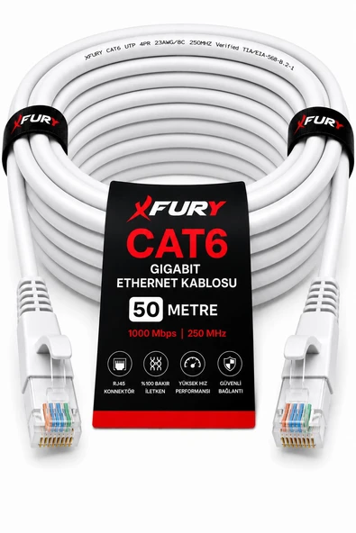 FURY CAT6 Ethernet Kablosu 50 Metre RJ45 LAN İnternet Modem Router Bilgisayar Kablosu ürün görseli 1