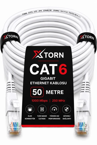 TORN CAT6 Ethernet Kablosu 50 Metre RJ45 LAN İnternet Modem Router Bilgisayar Kablosu ürün görseli 1
