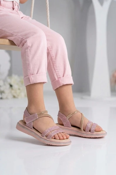 Pudra Simli Kız Çocuk Düz Sandalet ürün görseli 1