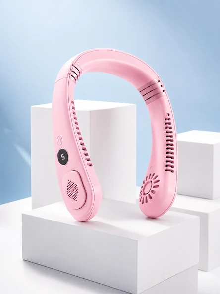 Pembe Şarjlı Boyun Fanı 5 Kademeli Hız Ayarlı Taşınabilir Boyun Tipi Fan - Resim 3