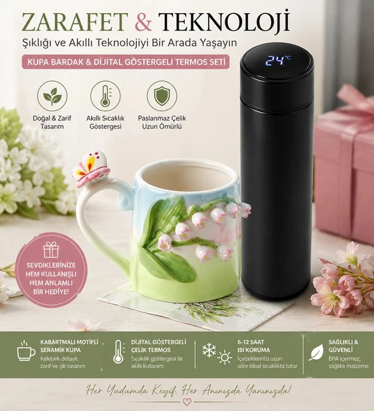 Paslanmaz Çelik Termos Kabartmalı Motifli Tasarım Kupa Bardak ürün görseli 1