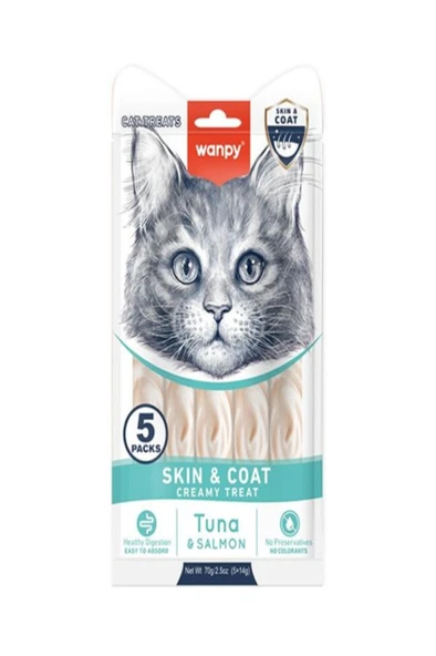 Wanpy Skin&Coat Tüy ve Deri Sağlığı Ton Balığı ve Somonlu Sıvı Ödül Maması 5x14 gr ürün görseli 1