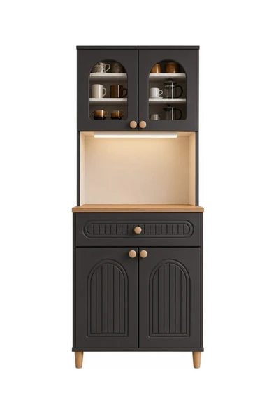 Barista LED Aydınlatmalı Kahve Köşesi Dolabı Retro Büfe 195cm MDF Antrasit ürün görseli 1