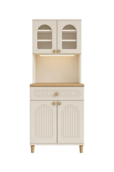 Barista LED Aydınlatmalı Kahve Köşesi Dolabı Retro Büfe 195cm MDF Krem ürün görseli 1