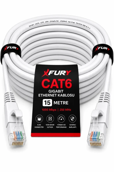 FURY CAT6 Ethernet Kablosu 15 Metre RJ45 LAN İnternet Modem Router Bilgisayar Kablosu ürün görseli 1