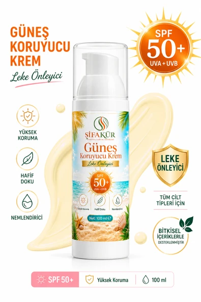 Şifakür SPF 50+ Leke Önleyici Güneş Kremi 100 ml UVA UVB Filtreli Nemlendirici Hyaluronik Asitli ürün görseli 1