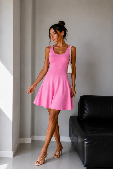 1027 Kadın Pamuklu Basic U Yaka Kolsuz A Kesim Elbise Pembe ürün görseli 1