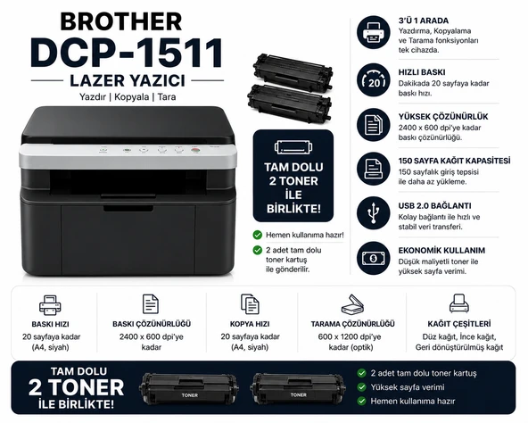 Brother DCP-1511 Mono Lazer Yazıcı ürün görseli 1