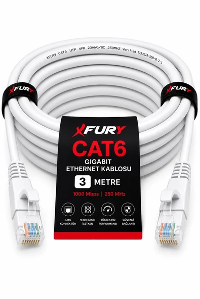 FURY CAT6 Ethernet Kablosu 3 Metre RJ45 LAN İnternet Modem Router Bilgisayar Kablosu ürün görseli 1