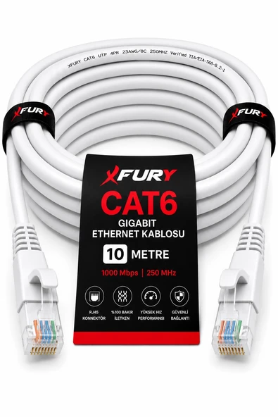 FURY CAT6 Ethernet Kablosu 10 Metre RJ45 LAN İnternet Modem Router Bilgisayar Kablosu ürün görseli 1