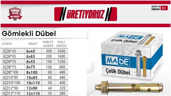 Made Gömlekli Çelik Dübel 6x65 mm. - 10 Adet - Resim 2